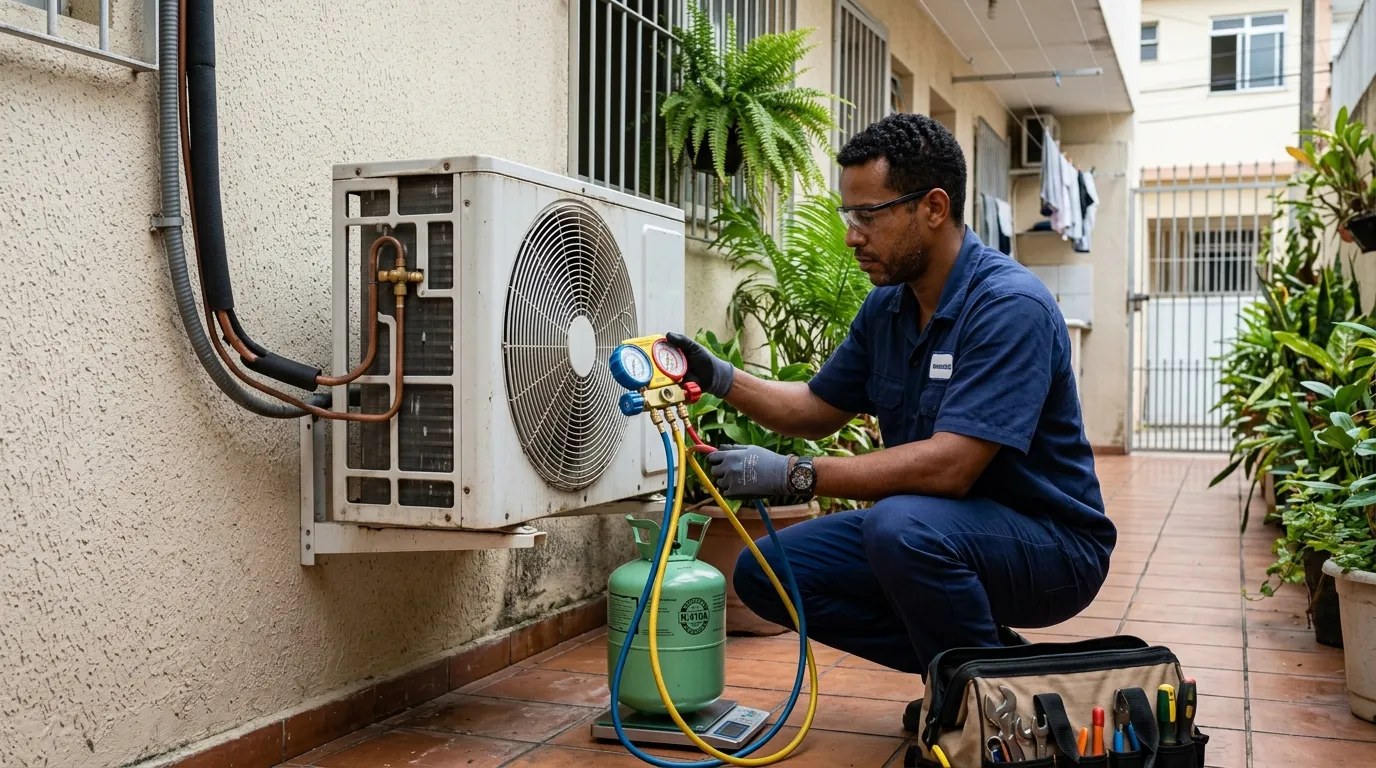 Técnico fazendo carga de gás na condensadora do ar-condicionado em Contagem‑MG