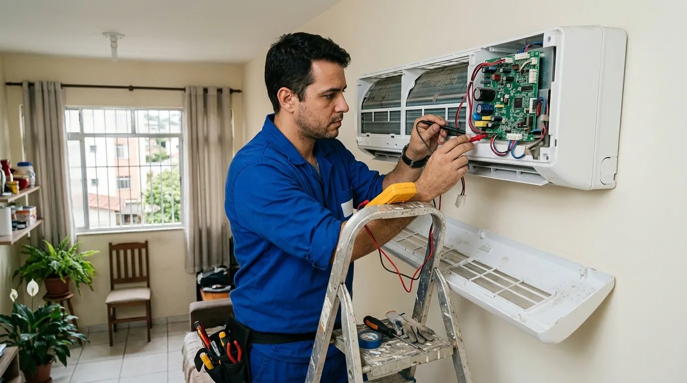 Técnico trocando a placa eletrônica de ar-condicionado split em Contagem‑MG