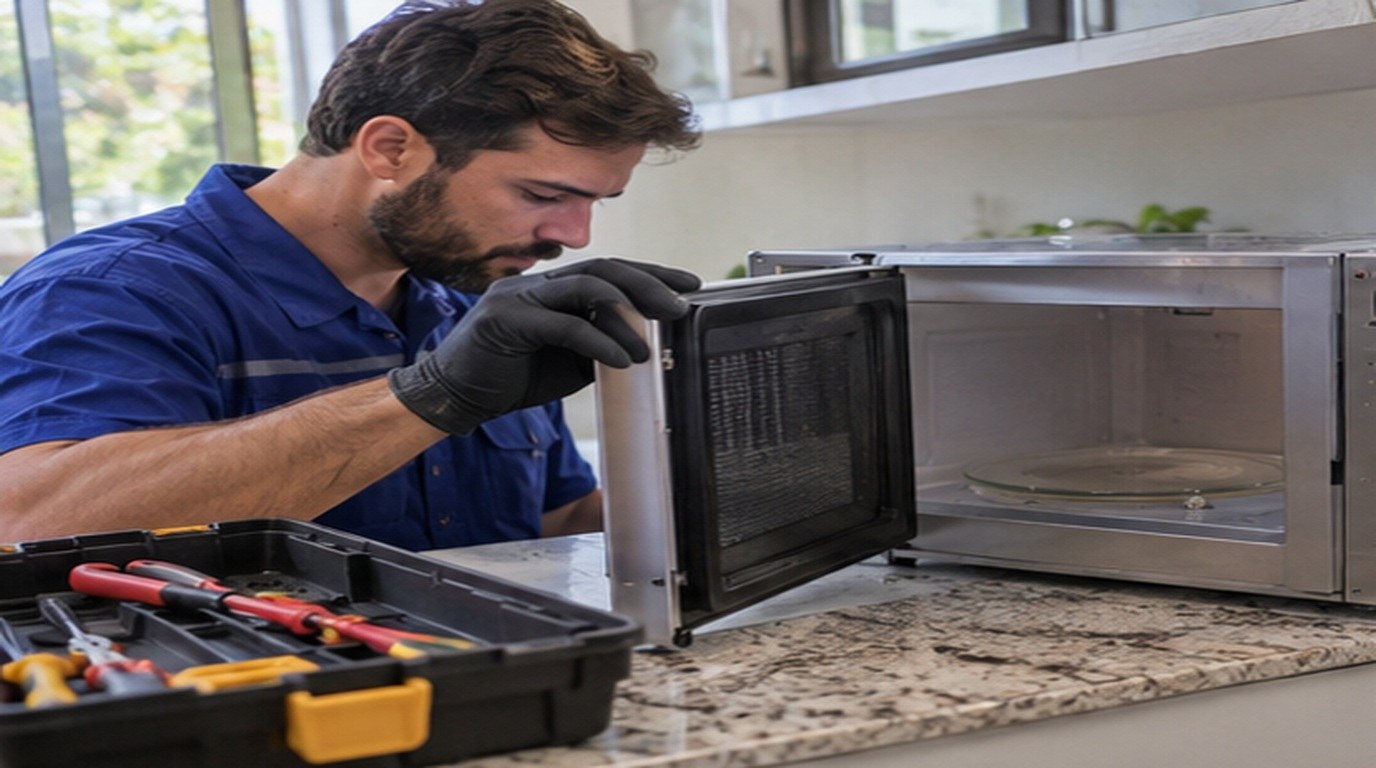 Conserto de micro-ondas em Contagem‑MG: técnico abrindo um micro-ondas de bancada