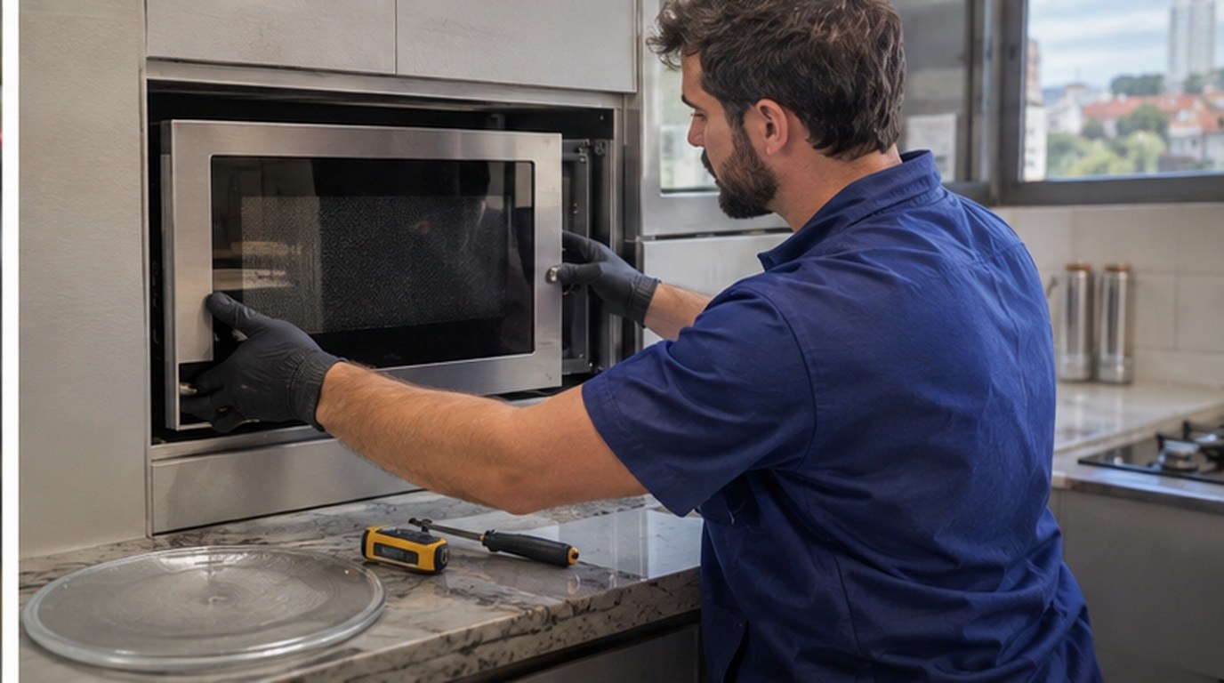 Conserto de micro-ondas de embutir em Contagem‑MG: técnico encaixando o aparelho no armário