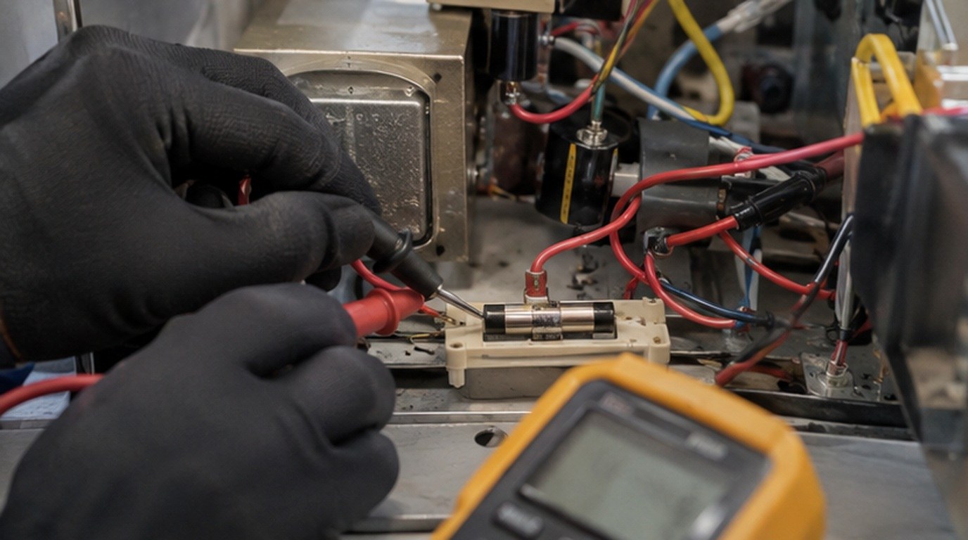 Conserto de micro-ondas em Contagem‑MG: teste do fusível e do diodo de alta tensão