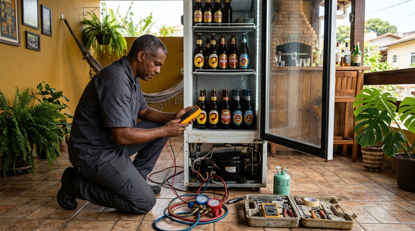 Placa eletrônica de cervejeira em reparo na bancada em Contagem‑MG