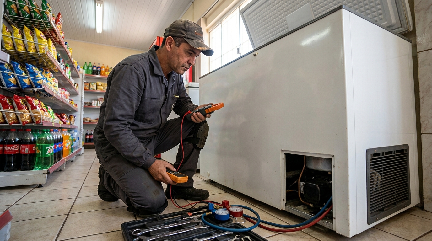 Reparo da placa eletrônica de um freezer em atendimento na Arcádia, Contagem‑MG