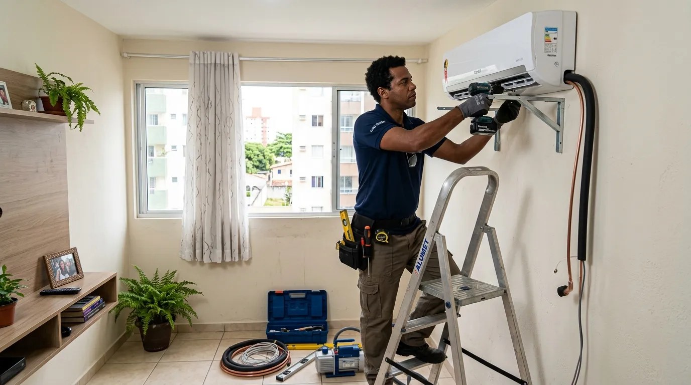 Técnico instalando ar-condicionado split em residência em Contagem‑MG