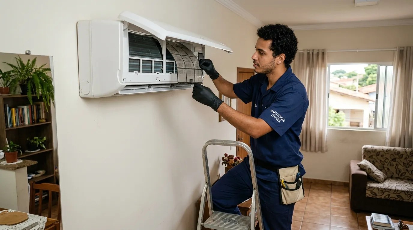 Técnico fazendo limpeza e higienização de ar-condicionado split em Contagem‑MG