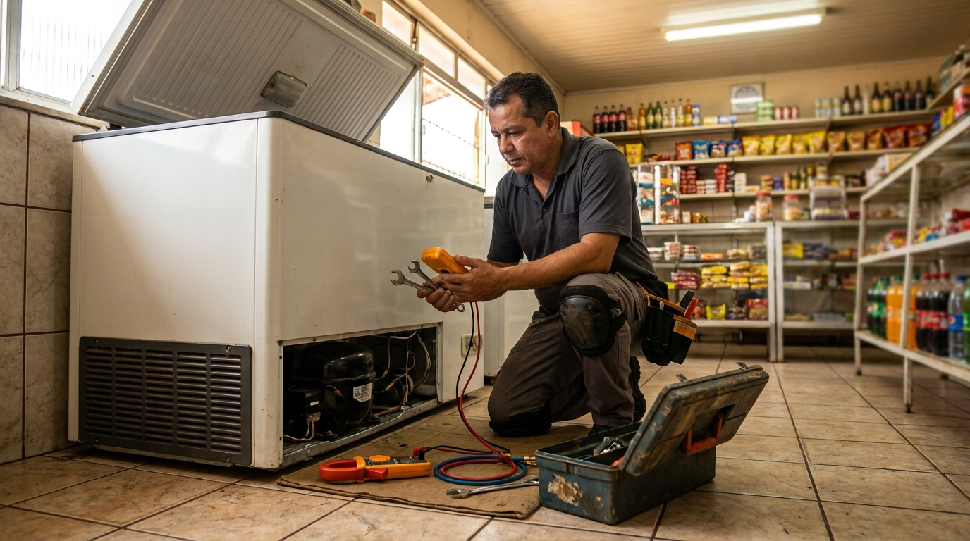 Técnico reparando o motor de um freezer horizontal na Arcádia, Contagem‑MG