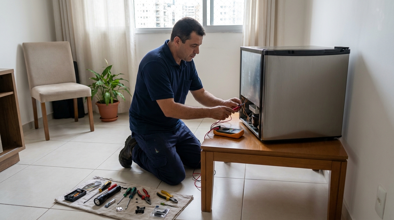 Técnico revisando o motor de um frigobar no Arpoador, Contagem‑MG