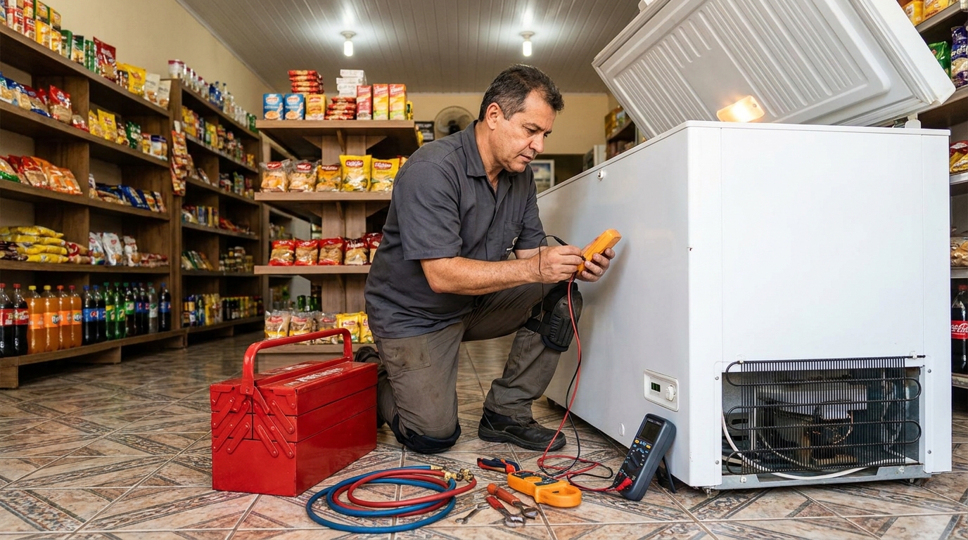 Manômetro conectado ao circuito durante recarga de gás de freezer na Arcádia, Contagem‑MG