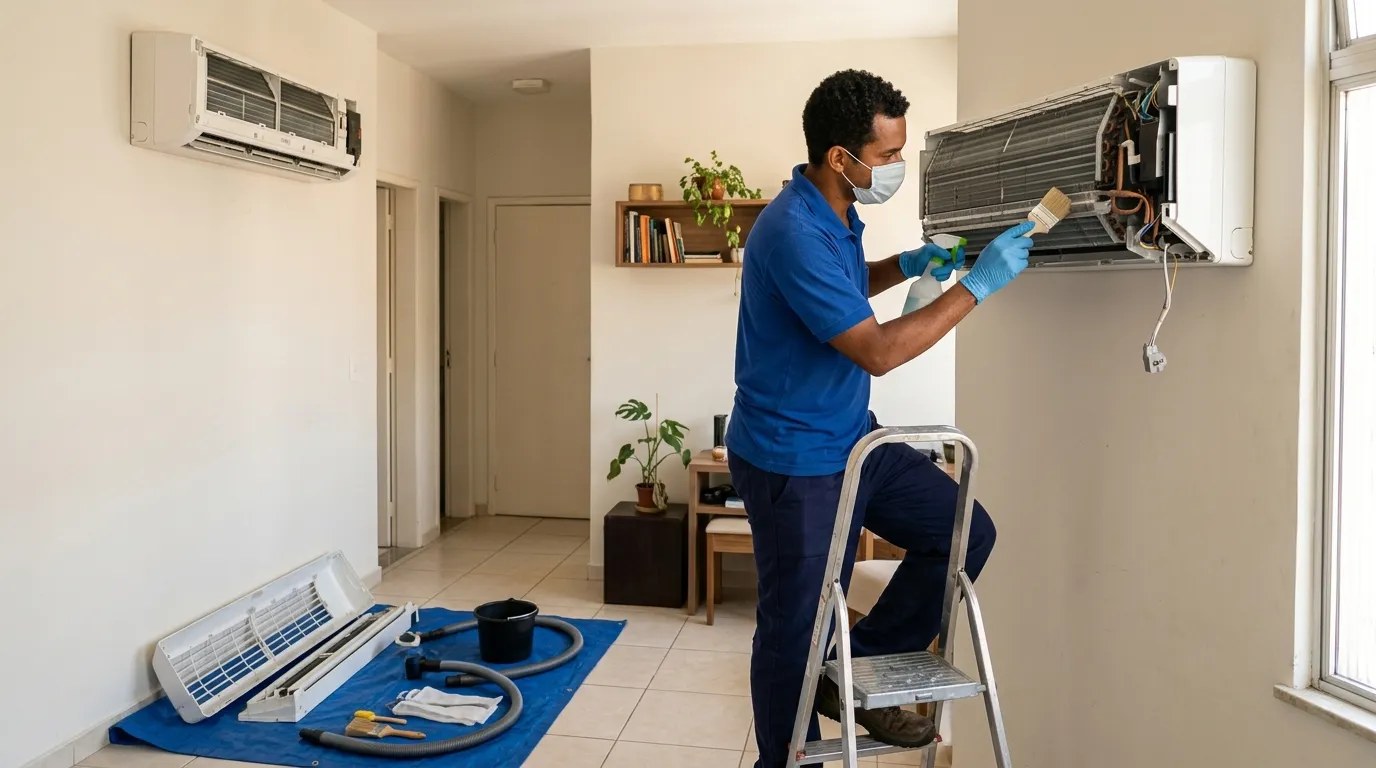 Técnico fazendo manutenção de ar-condicionado split em Contagem‑MG