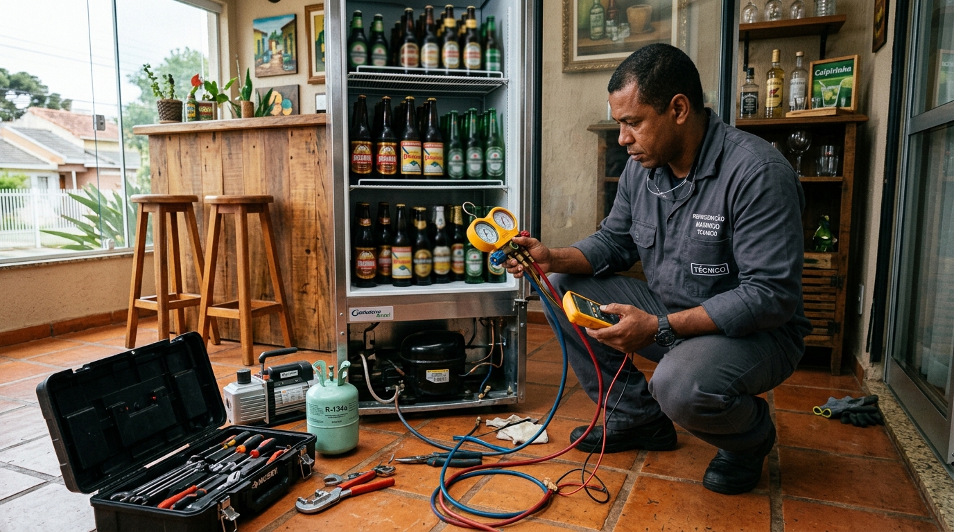 Técnico conferindo a temperatura de uma cervejeira durante atendimento em Contagem‑MG