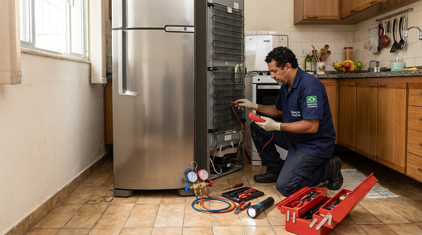 Técnico consertando uma geladeira na casa do cliente em Contagem‑MG