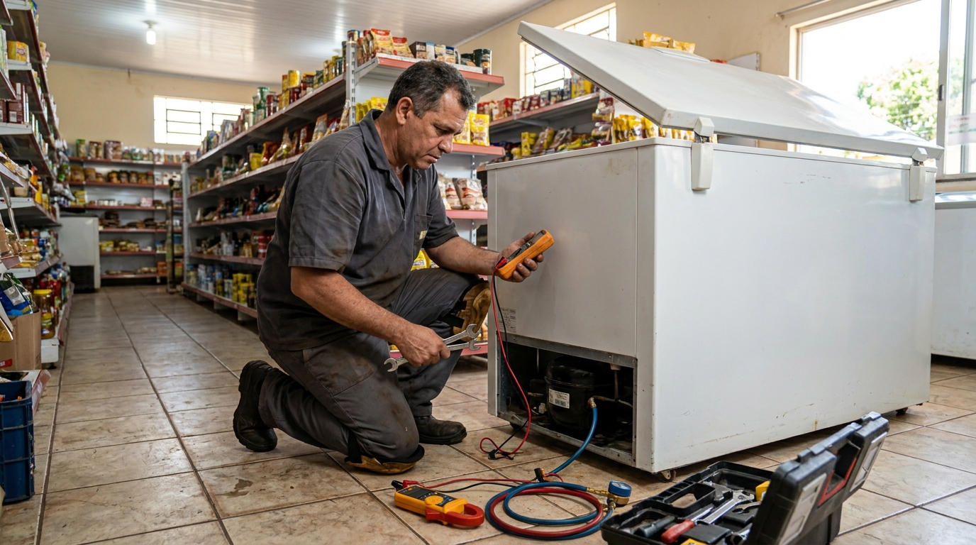 Substituição do termostato de um freezer durante visita técnica na Arcádia, Contagem‑MG
